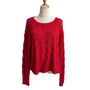 Anthropologie Red Pointelle Open Weave Knit Long Sleeve Sweater Size Medium
